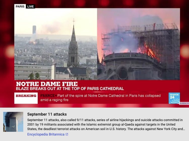 مقاطع الفيديو على يوتيوب عن حريق نوتردام تظهر أسفل الشاشة  فقرة تشرح حادثة "11 سبتمبر" الإرهابية